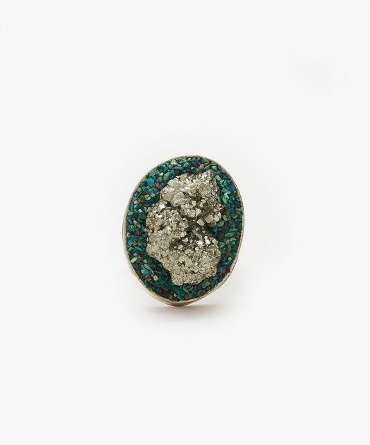 ANILLO GEOMETRICO OVALO DE PIRITA CRISTALIZADA