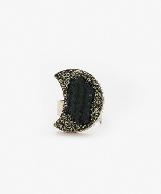 ANILLO GEOMETRICO LUNA DE TURMALINA NEGRA